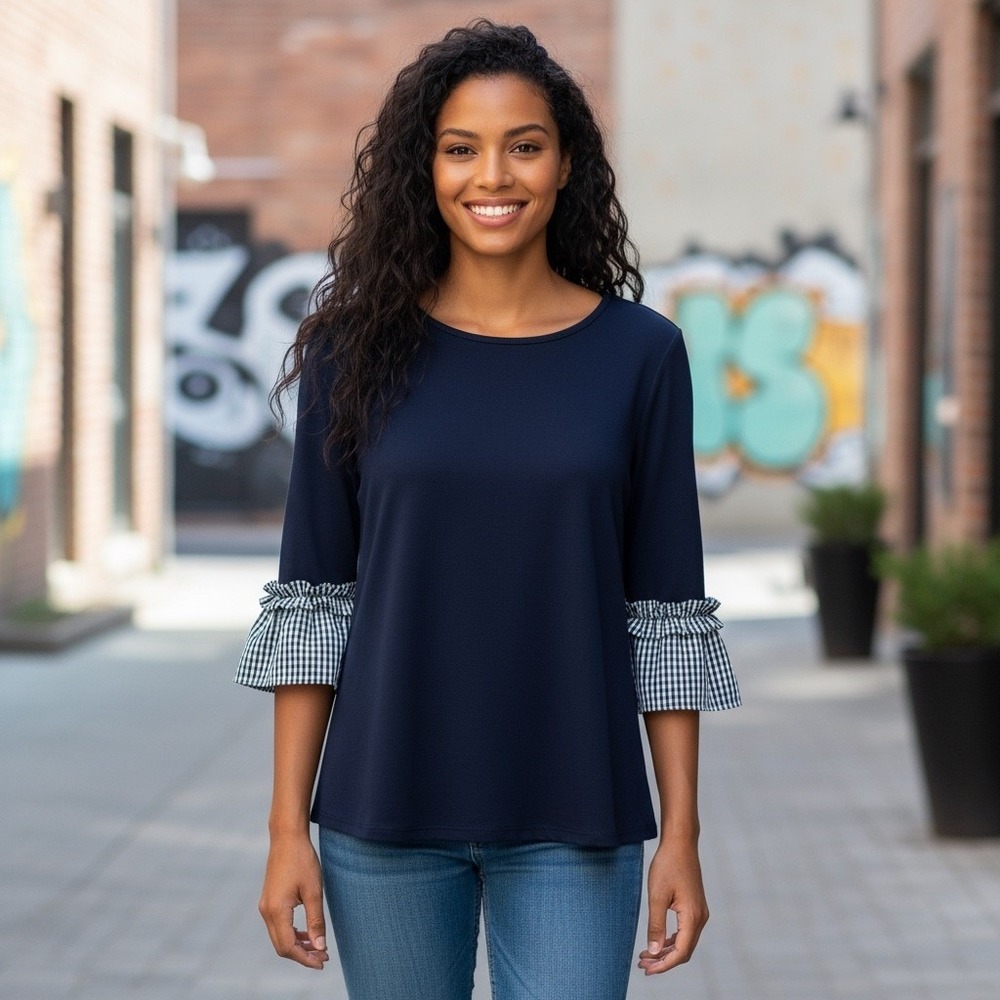 Trisha Tyler Navy Blouse Top Small‎ Gingham 3/4 Sleeve Cottagecore Weekend Chic